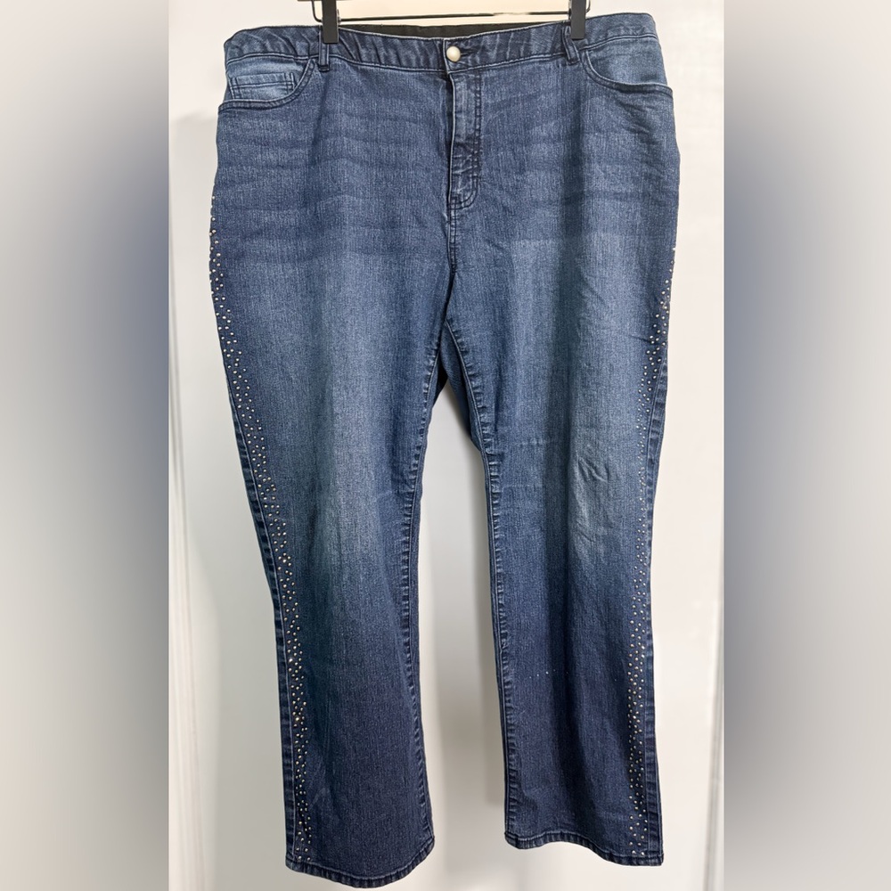 Catherines 24W Rhinestone Straight Leg Jeans Stretch Denim Medium Wash